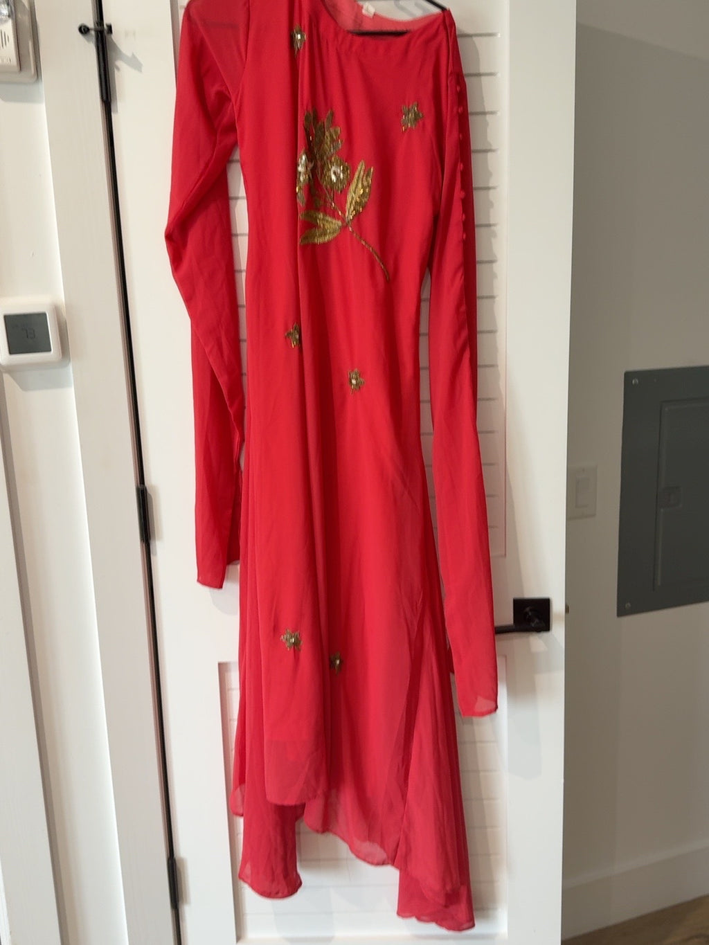 Red & Gold Floral Embroidered Long Dress