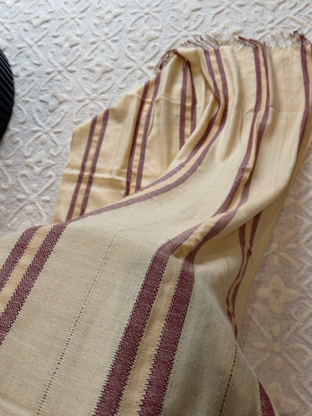 Cream & Maroon Striped Shawl with Fringe