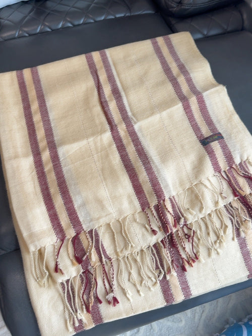 Cream & Maroon Striped Shawl with Fringe