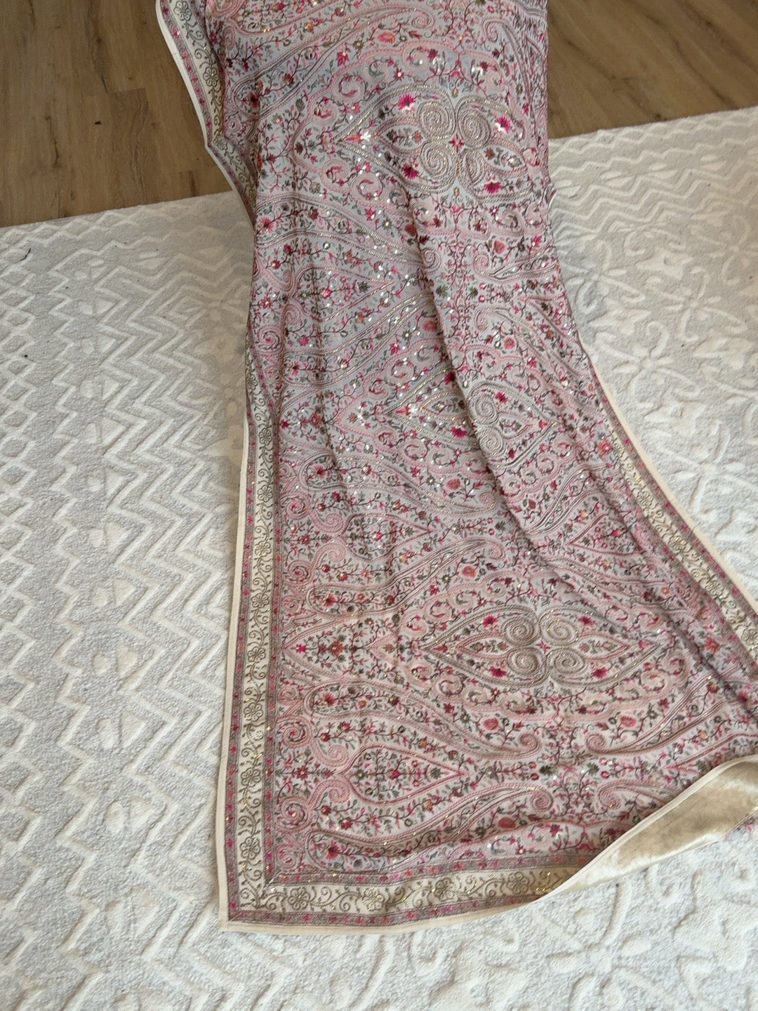 Ivory Pink Floral Paisley Embroidered Dupatta