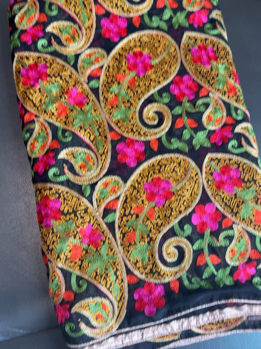 Black Multicolor Paisley Floral Embroidered Dupatta