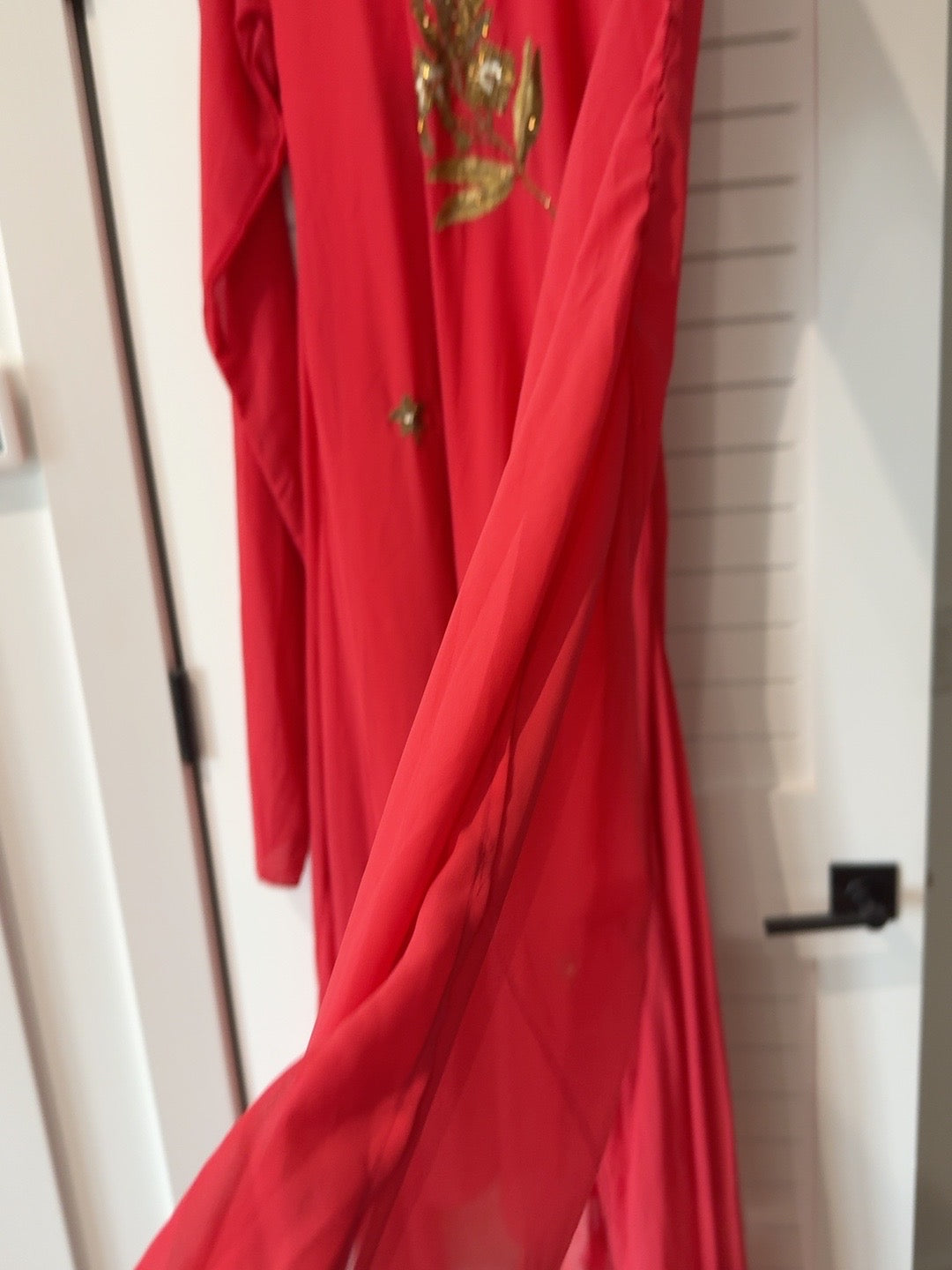 Red & Gold Floral Embroidered Long Dress
