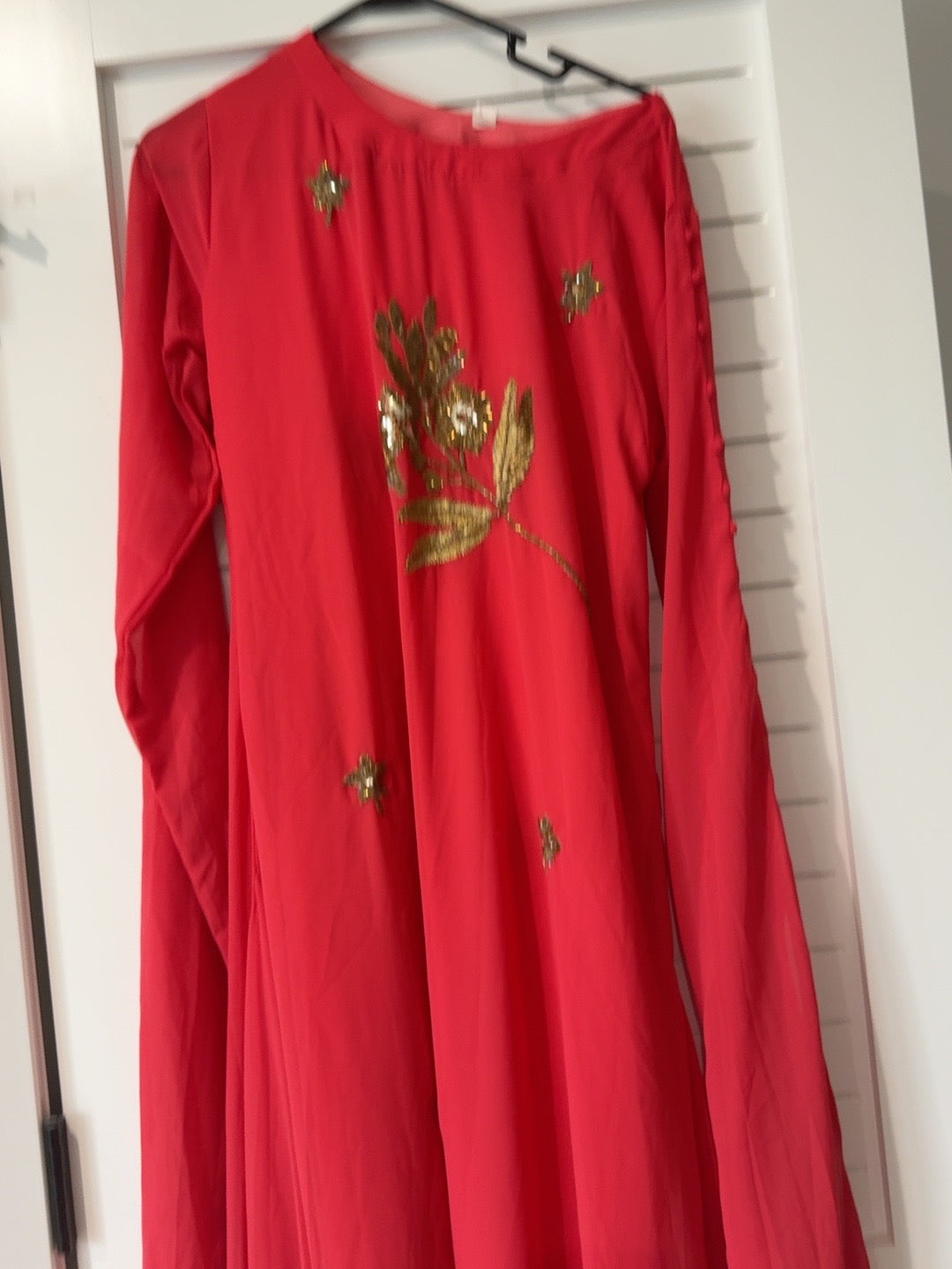 Red & Gold Floral Embroidered Long Dress