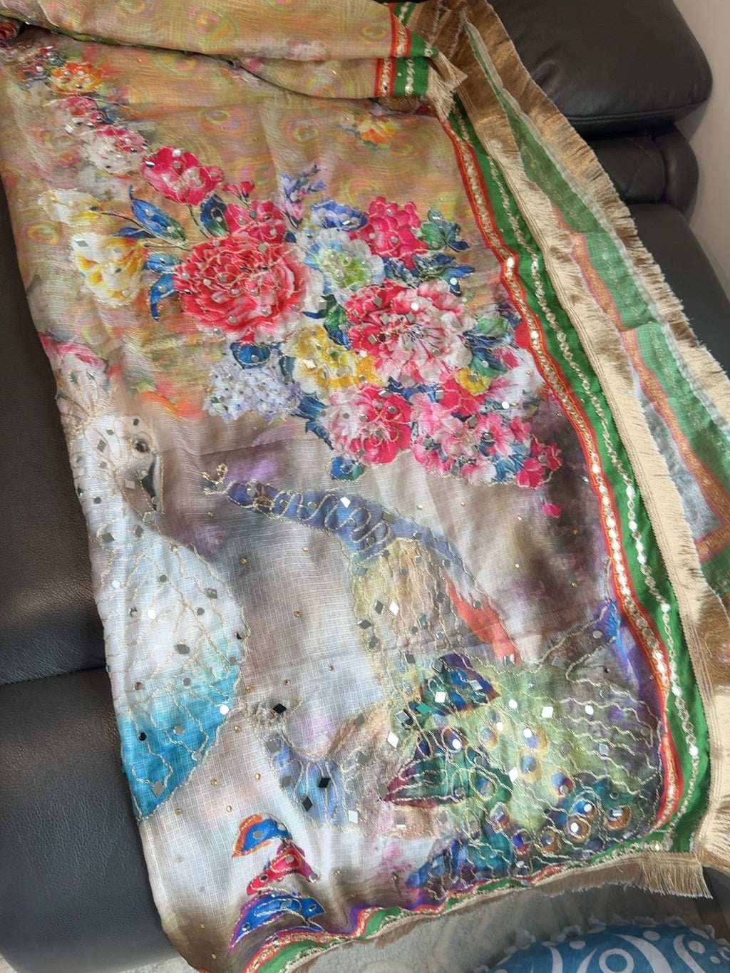 Multicolor Peacock & Floral Embellished Dupatta
