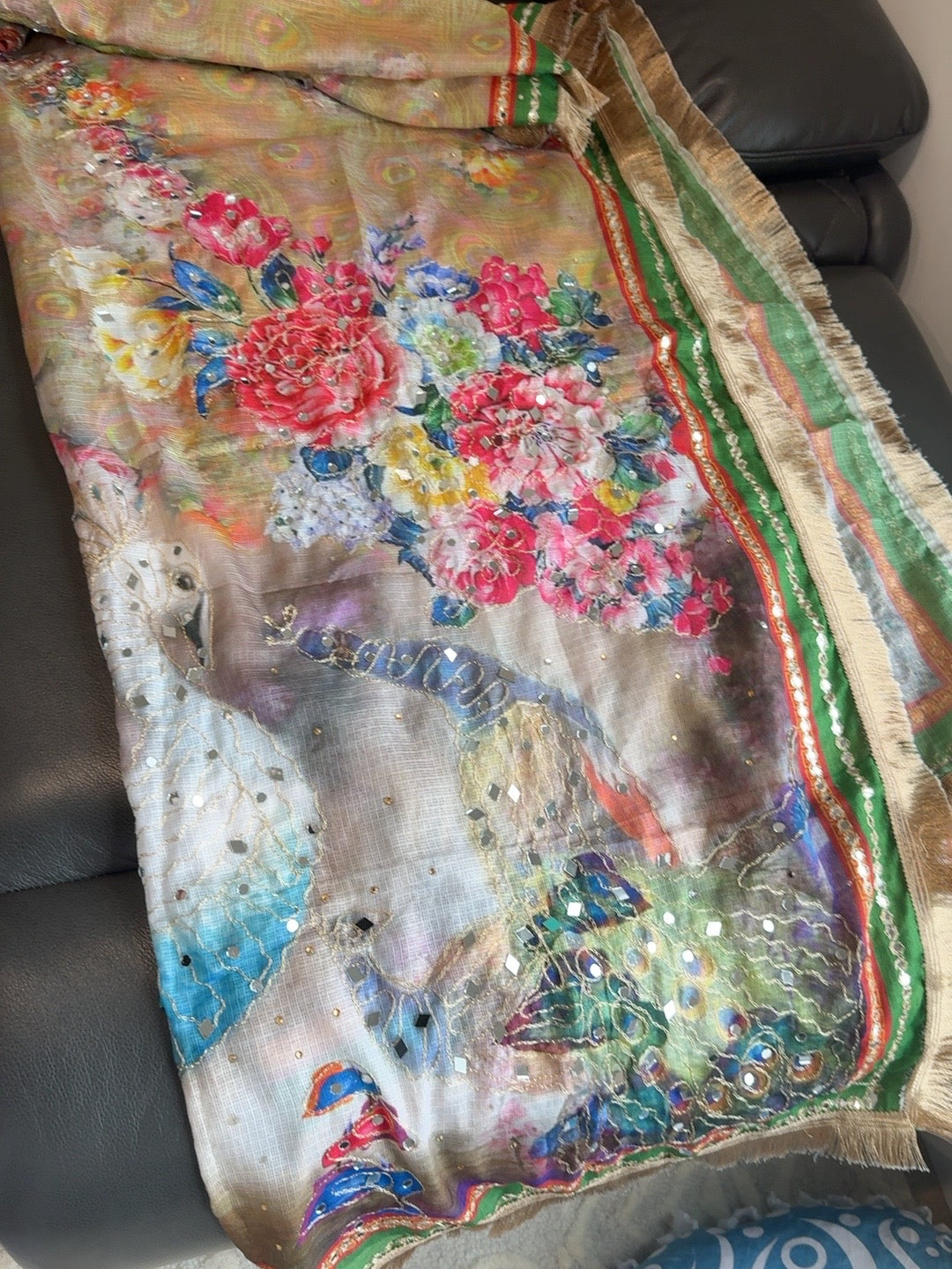 Multicolor Peacock & Floral Embellished Dupatta