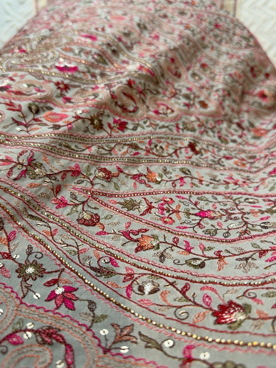 Ivory Pink Floral Paisley Embroidered Dupatta
