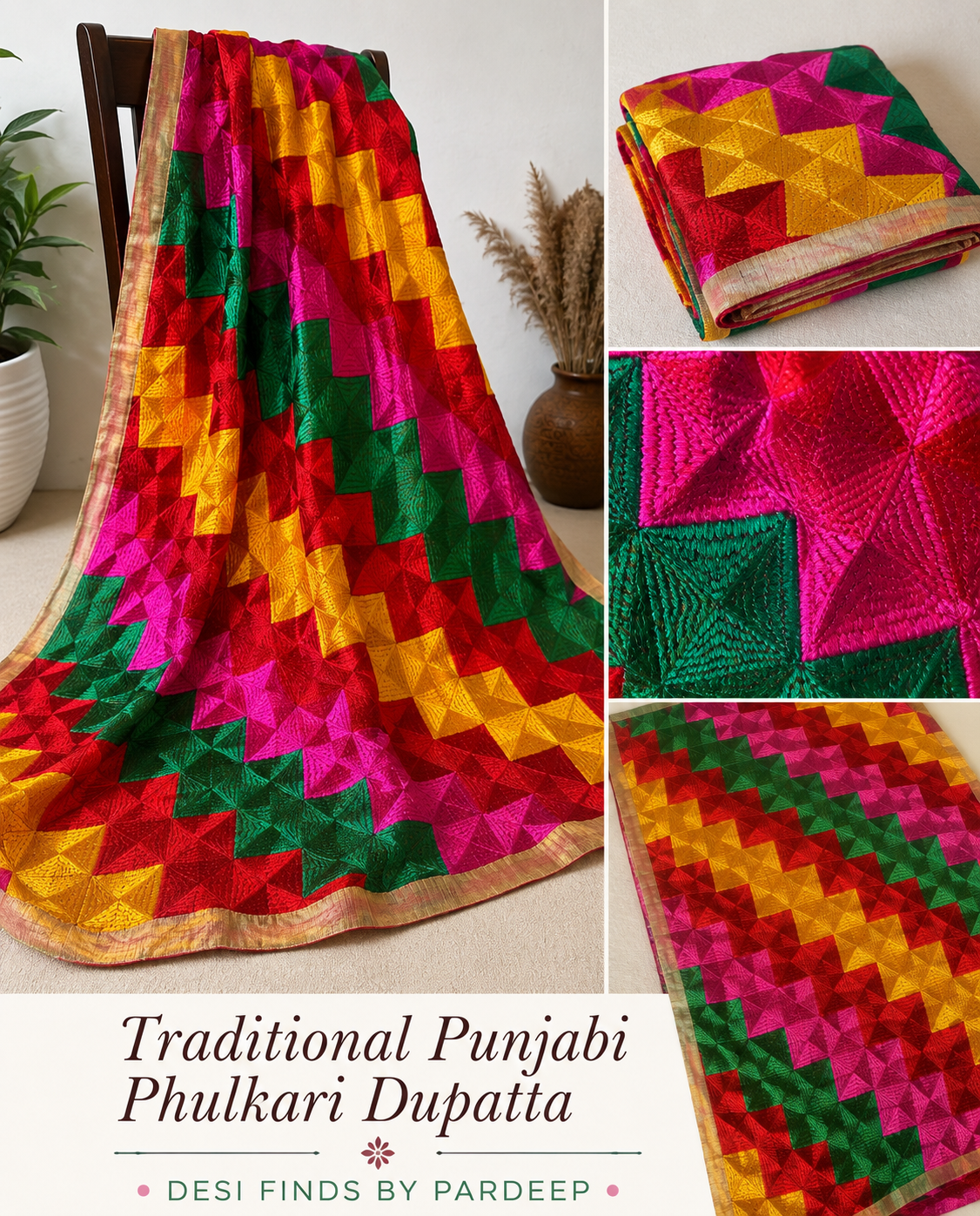 Traditional Punjabi Phulkari Dupatta